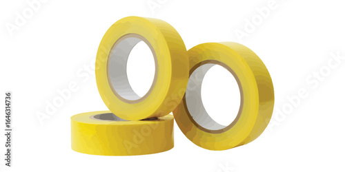 Three rolls of yellow masking tape on a white background