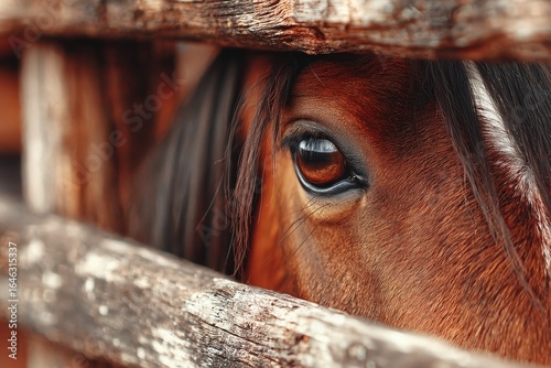 close-up of a horse eye behind wooden stable fence