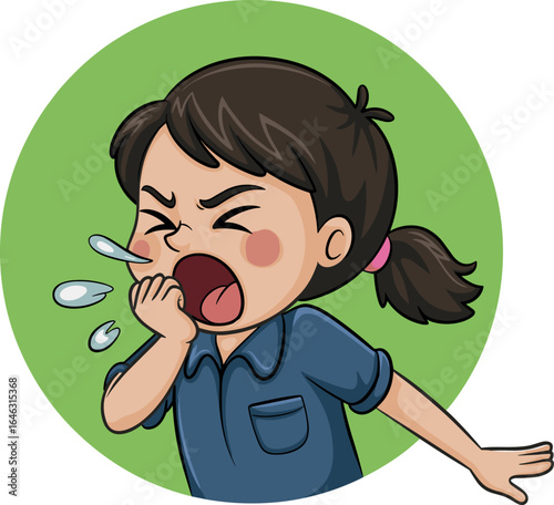 Cartoon person sneezing or coughing, hand covering mouth, hygiene awareness, germ spread prevention, health concept, green background, vector illustration