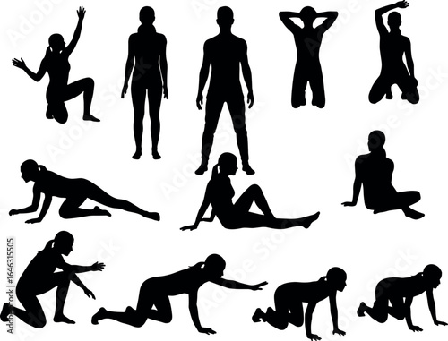 Silhouettes of people in various poses, standing, sitting, kneeling, crawling, body movement reference, posture study, vector illustration set