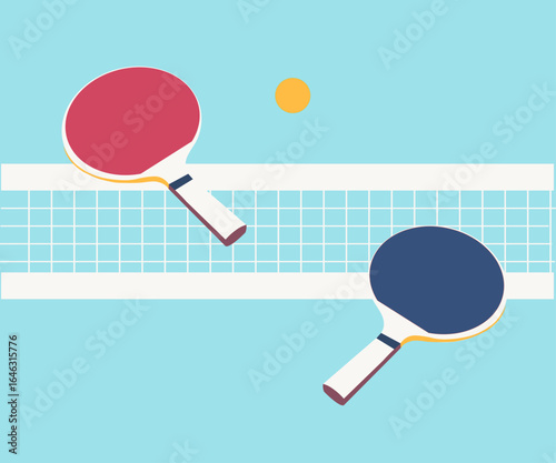Illustration vector ping pong, ping pong rackets, yellow ball, tennis net, flat design, sport