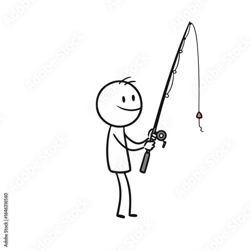 Cheerful stick figure person fishing with a rod and bobber against a simple white background, playful concept of recreational activities or outdoor adventures