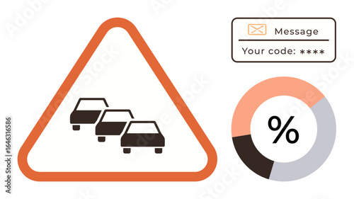 Traffic congestion sign with orange border, message box with code notification, and circular percentage chart. Ideal for safety, communication, alerts, analytics, statistics, technology education
