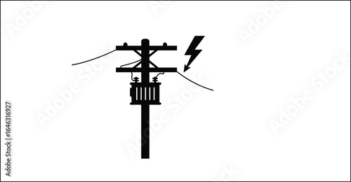 Electric power pole with transformer and lightning icon, high voltage energy transmission