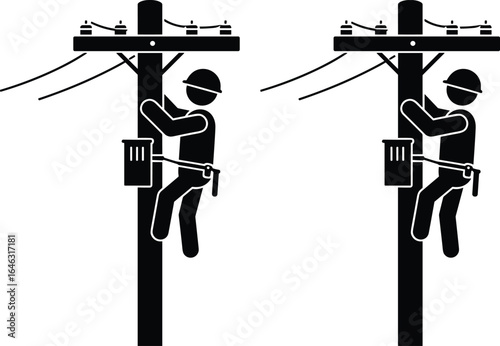 Electrical line worker climbing utility pole, repair service icon, power maintenance vector illustration