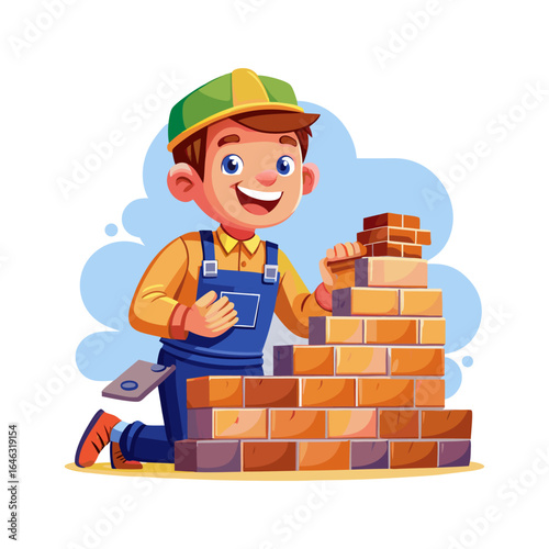 Young male bricklayer building