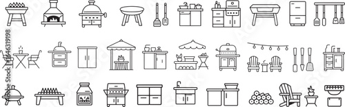 Outdoor Barbecue, Food Stand, and Cooking Line Icons Set

