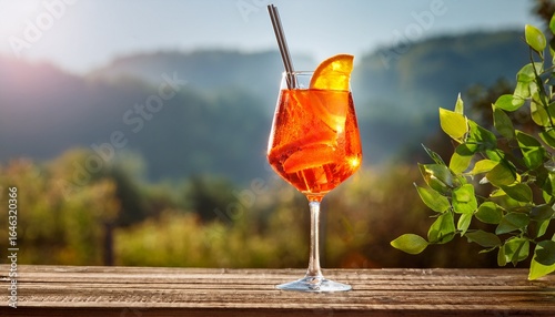 aperol spritz cocktail on rustic table outdoors