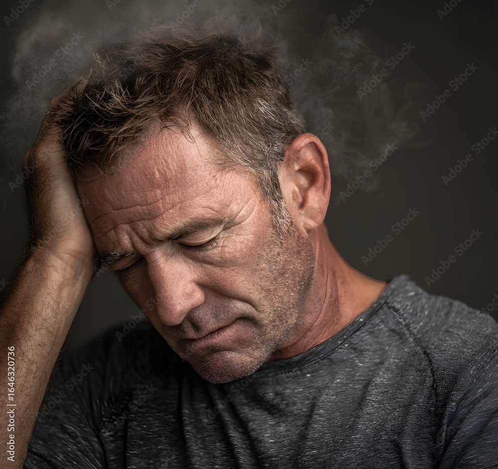 Fototapeta premium Stressed man with smoke coming from head representing mental overload