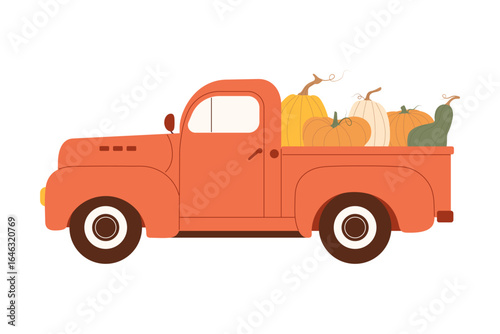 Vintage farm truck loaded with pumpkins in cargo bed on an isolated background. Vector illustration for fall harvest, Thanksgiving decor, seasonal greeting card