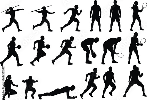 Athlete silhouette collection, sports activity poses, javelin throw, tennis, basketball, running, squats, planks, fitness movement, vector set