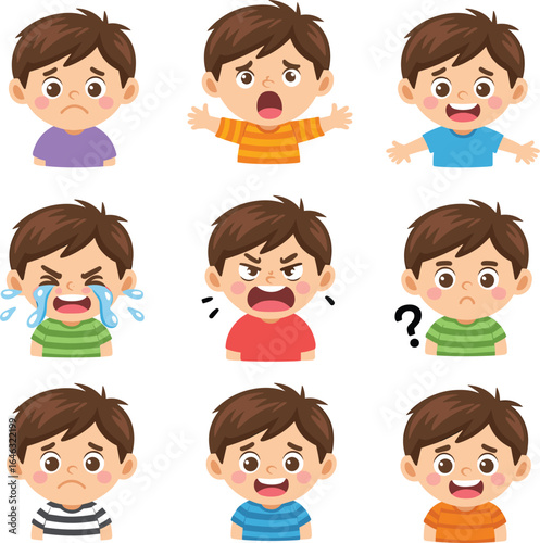 Cartoon boy character set with emotional expressions, sad, crying, confused, happy, colorful shirts, isolated vector illustration for mood concepts