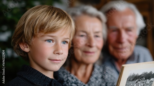 generational photo story, capturing family memories with grandparents using vintage albums, evoking nostalgia in a cinematic editorial format