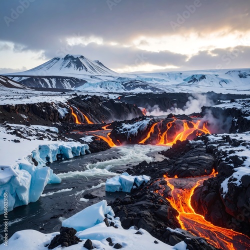 Volcanic river flows into icy landscape