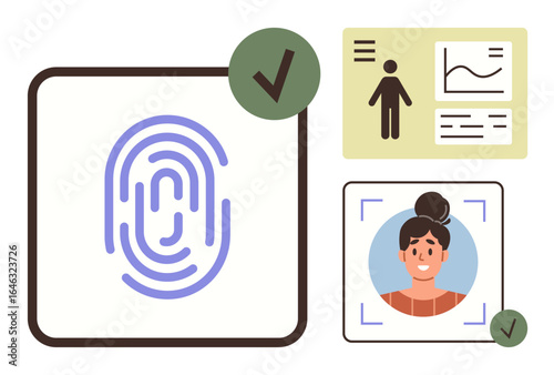 Fingerprint authentication with a profile card, chart, and facial recognition photo. Ideal for security, biometrics, access control, identity verification, digital technology, privacy simple flat