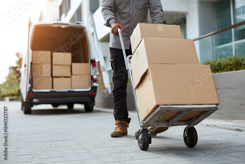 Delivery worker transporting boxes with hand truck outside apartment building