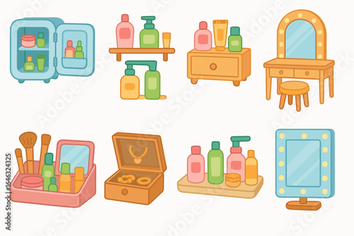 Beauty, cosmetic flat icon set. makeup, skincare and vanity icons collection