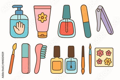 Beauty and grooming flat icon set. cosmetic, manicure, self-care icons collection