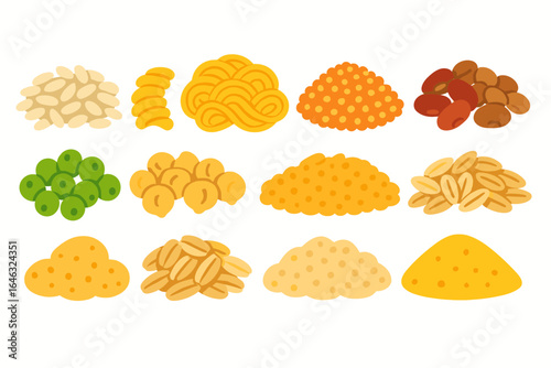 Food ingredients flat icon set: grains, pasta, legumes, nutritional icons collection