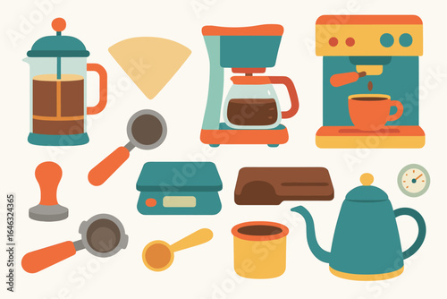 Coffee brewing flat icon set. espresso, french press, moka pot icons collection