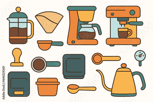 Coffee brewing flat icon set. espresso, equipment, cups, grinder, beans, barista tools.