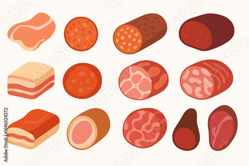 Food, meat flat icon set. processed, slices, deli icons flat collection