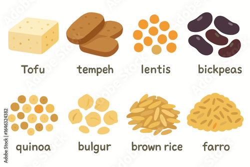 Vegan proteins flat icon set. plant-based food, legumes, grains, healthy eating icons