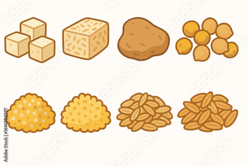 Food, ingredients flat icon set. tofu, potato, chickpeas, rice, grains, cooking flat icons