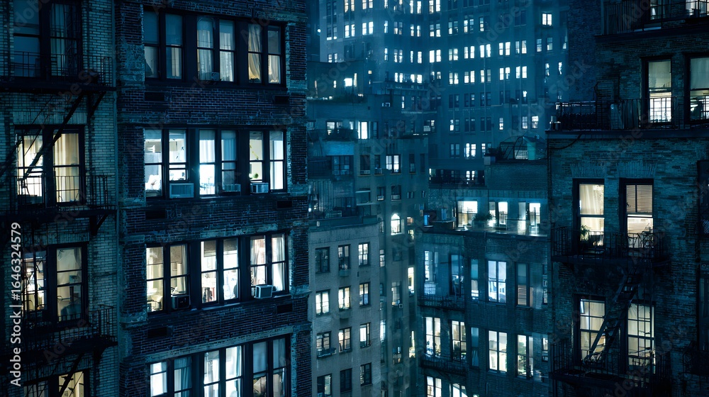 Obraz premium City buildings at night, illuminated windows.
