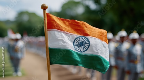 national flag ceremony, indias independence day, with a clear sky, national guards in formation, proudly hoisting the tricolor flag in the morning editorial