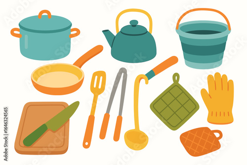 Kitchen essentials icon set. cooking, utensils flat icons collection