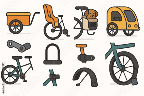 Cycling equipment flat icon set. bike accessories and gear collection in flat style.