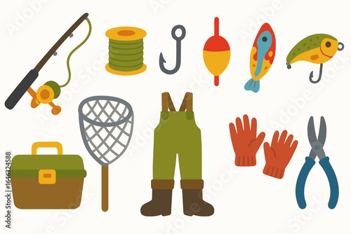Fishing equipment flat icon set. angling, gear, hooks, rods, nets, reels, boots
