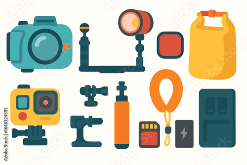 Photography equipment flat icon set: camera, tripod, memory cards, waterproof bags