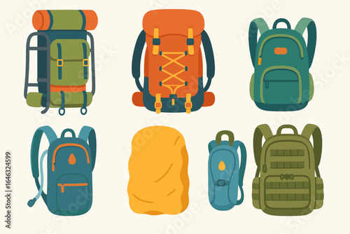 Backpack and camping gear flat icon set. adventure, hiking essentials collection