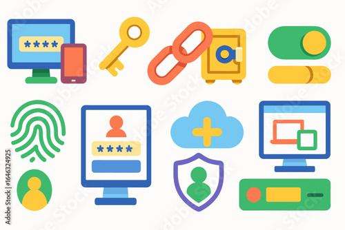 Security and privacy flat icon set. data protection, access controls icons collection