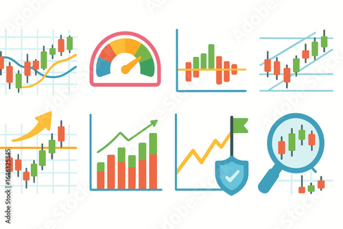Finance, business flat icon set. analytics, trends, charts icons in flat style