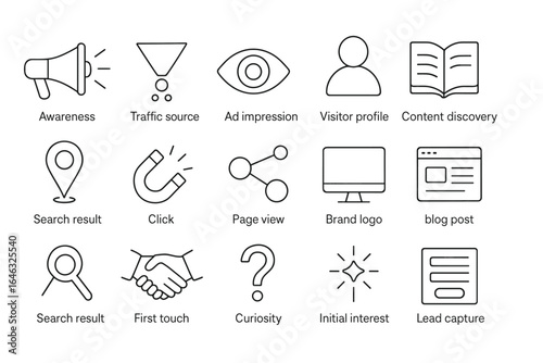 Marketing, business line icon set. awareness, traffic, brand, user, content, seo collection