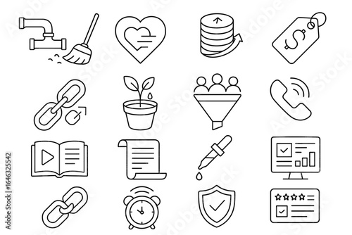 Business and technology outline icon set. essential tools and concepts collection