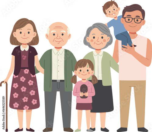Cartoon multigenerational family portrait with grandparents, parents, children, standing together in colorful outfits, happy expressions, vector illustration set