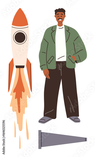 Confident man in casual attire standing next to a rocket launching into space. Ideal for themes of ambition, start-up vision, innovation, career growth, technology, leadership, and exploration