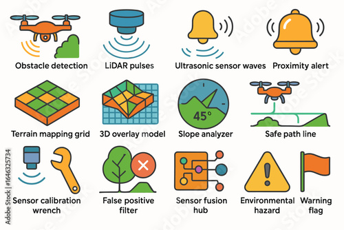 Technology alert icon set. safety, detection icons in outline style collection
