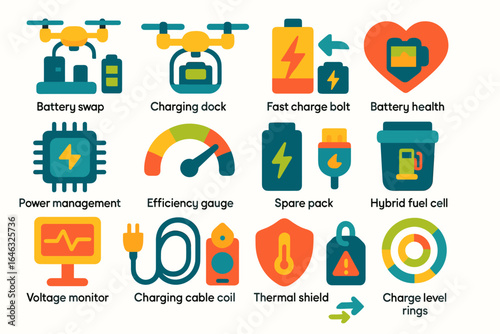 Electric vehicle flat icon set. battery health, power management, charging icons.