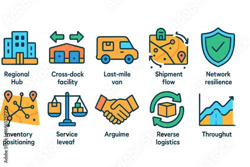 Supply chain management flat icon set: logistics, shipping, network, inventory, service