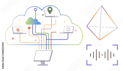 Cloud network linking devices for data sharing with colorful geometric pyramid and sound wave visualization. Ideal for digital communication, networking, technology, cloud computing, data flow