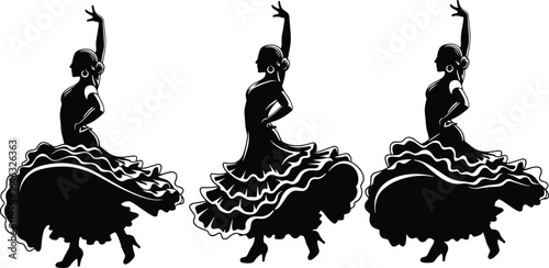 Elegant flamenco dancers in silhouette, traditional Spanish dress, passionate performance, rhythmic movement, cultural heritage, dance art, graceful pose, Adobe Stock