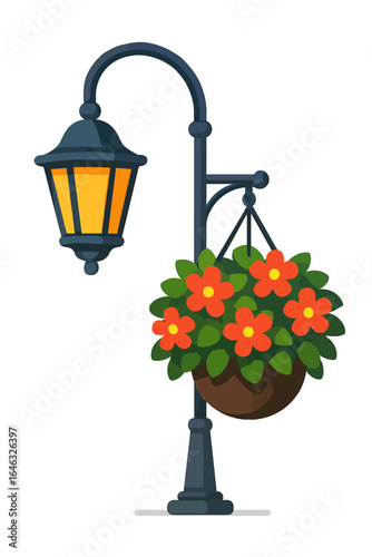 Classic Street Light Post with Glowing Lantern and Hanging Flower Basket