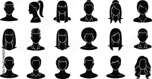 Hairstyle silhouette collection, black head icons, diverse haircuts, curly straight ponytail bun, avatar design, profile vector, fashion set