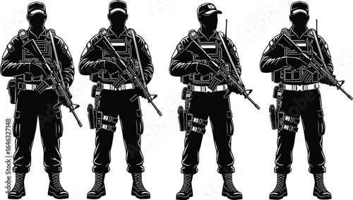 Military soldiers, tactical gear, armed with rifles, standing in formation, combat ready, defense forces, black and white, vector illustration