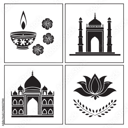 Illustration of indian cultural symbols, including diwali lamps, taj mahal, and lotus flowers, representing tradition, heritage, and spirituality isolated on white background